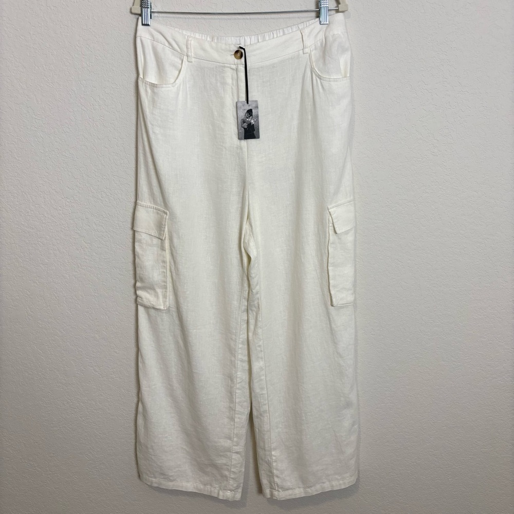 NWT Sincerely Jules Ivory Linen Blend Cargo Wide Leg Pants Women’s XL Coastal